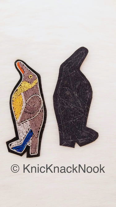 Hand Embroidered Penguins Applique In Grey, Silver, Gold